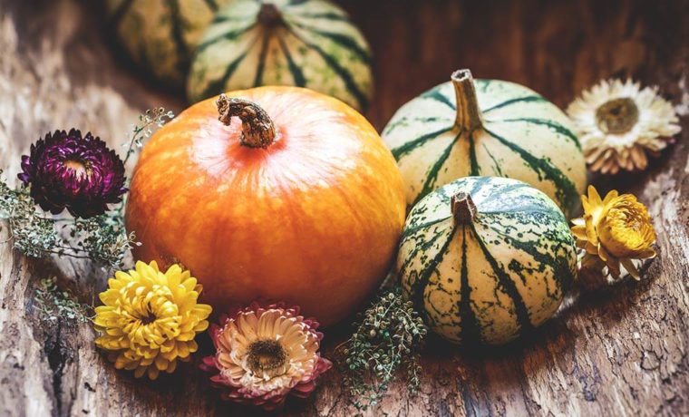 various pumpkin and gourds on a wood table with fall flowers